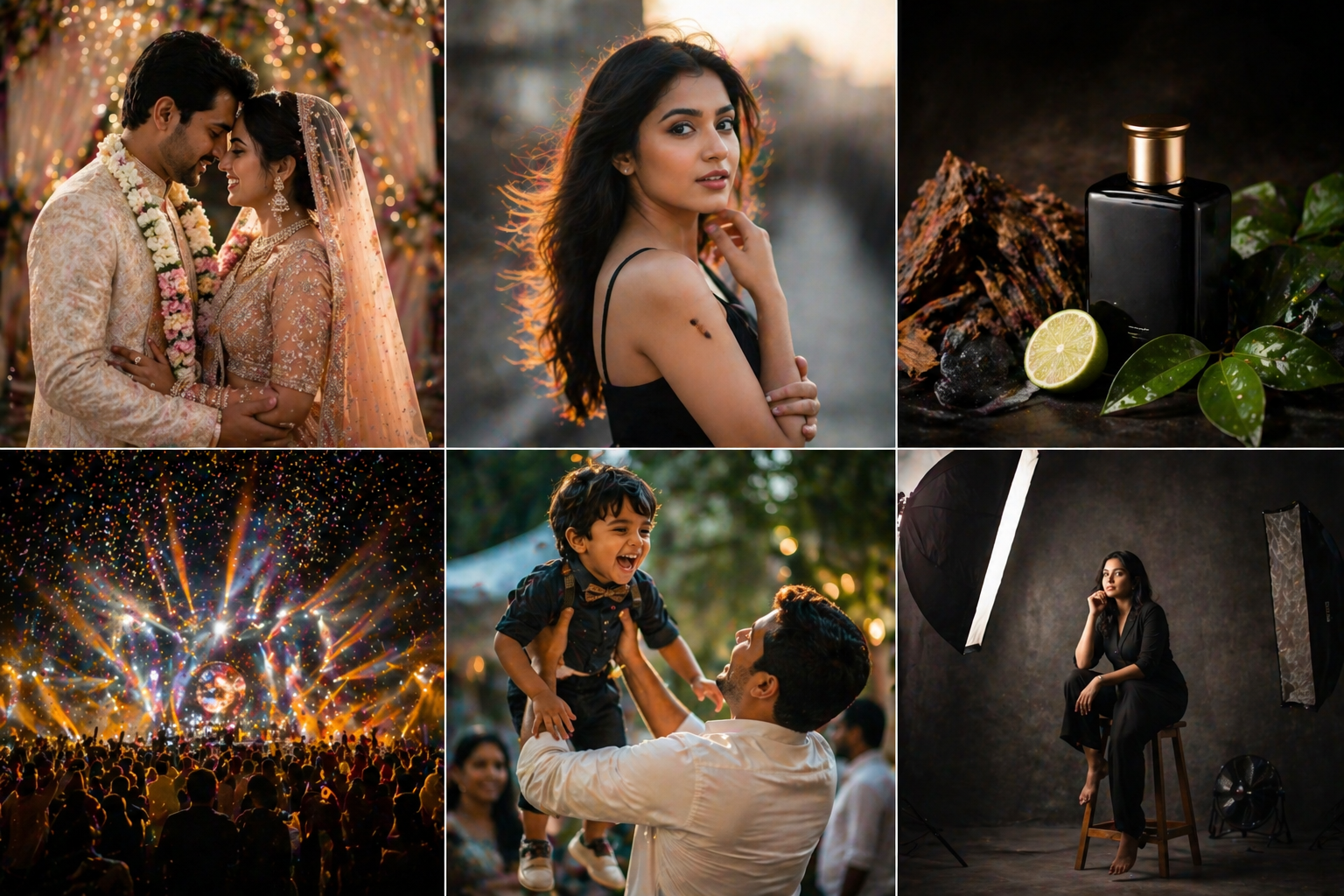 Sample frames across genres — wedding portrait, fashion editorial, product still life, concert, family, studio