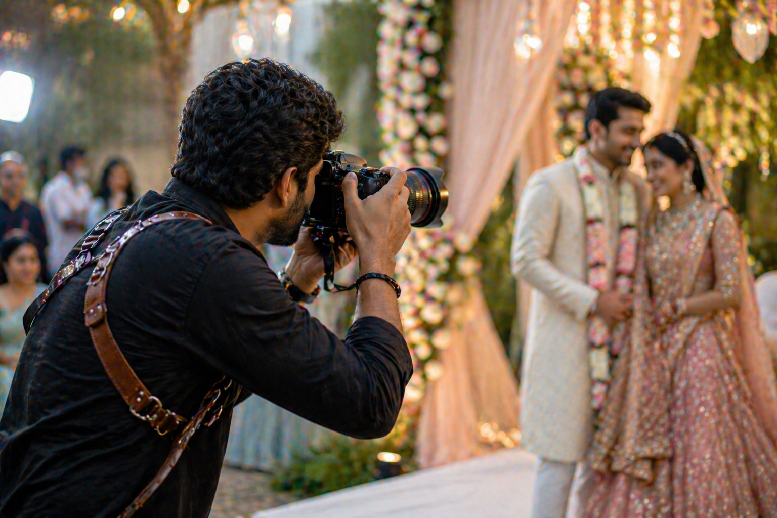 Aarav photographing a Jaipur sangeet — bride and groom at the floral mandap
